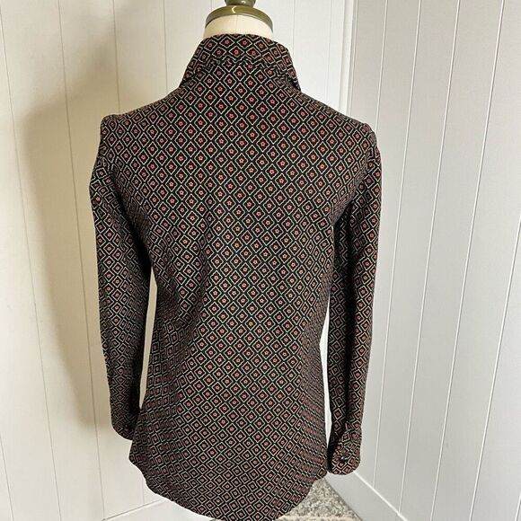 Handmade Womens Small Button Front Shirt Black Pink Diamond Pattern Long Sleeve - Picture 8 of 12